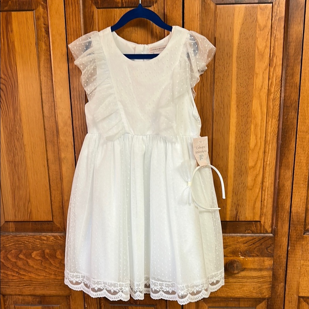 Catherine Malandrino White Ruffled Lace Swiss Dot Lace Dress w Headband S 8 NWT